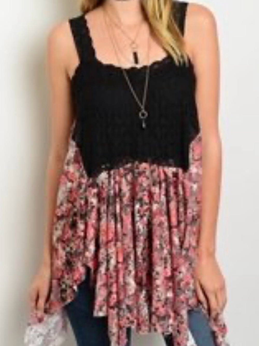 Open knit mesh tank top boho hippie babydoll tunic black floral festival medium